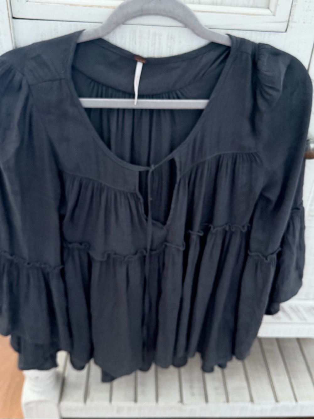 Free People Women's Grey Peasant Blouse - Flowing Tiered Tunic